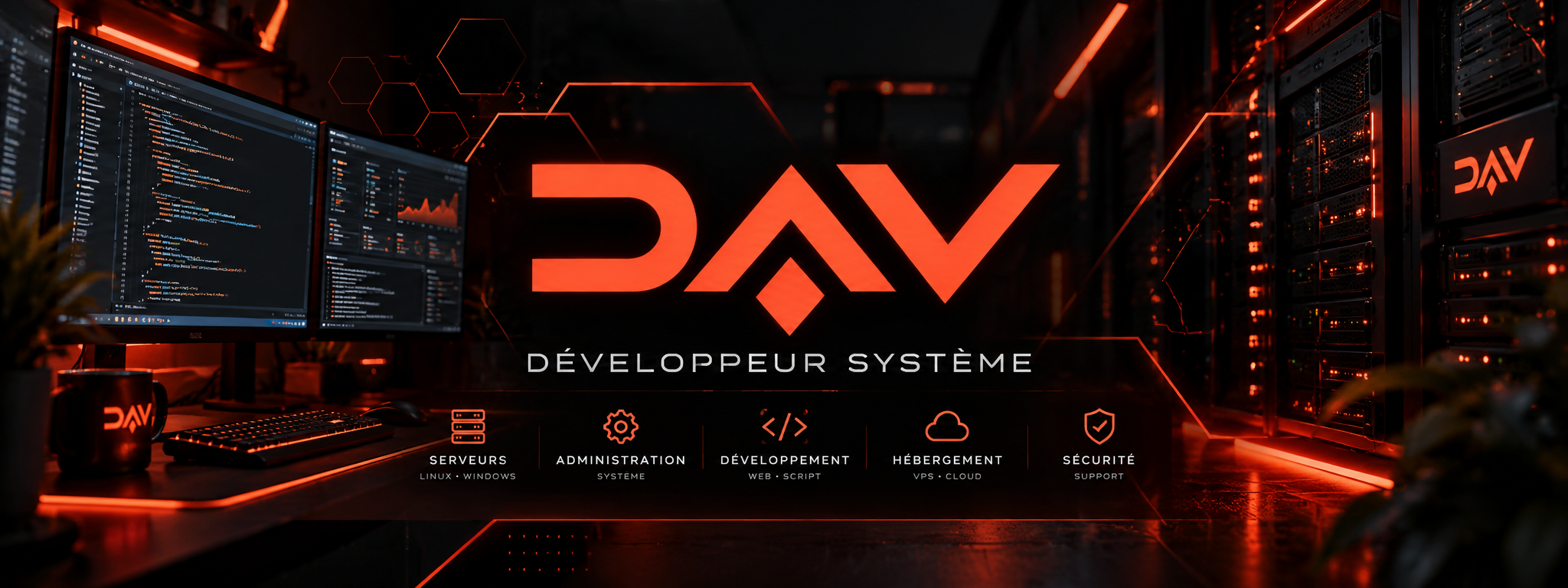 Univers DAV : écrans de développement et infrastructure serveur aux lumières orange